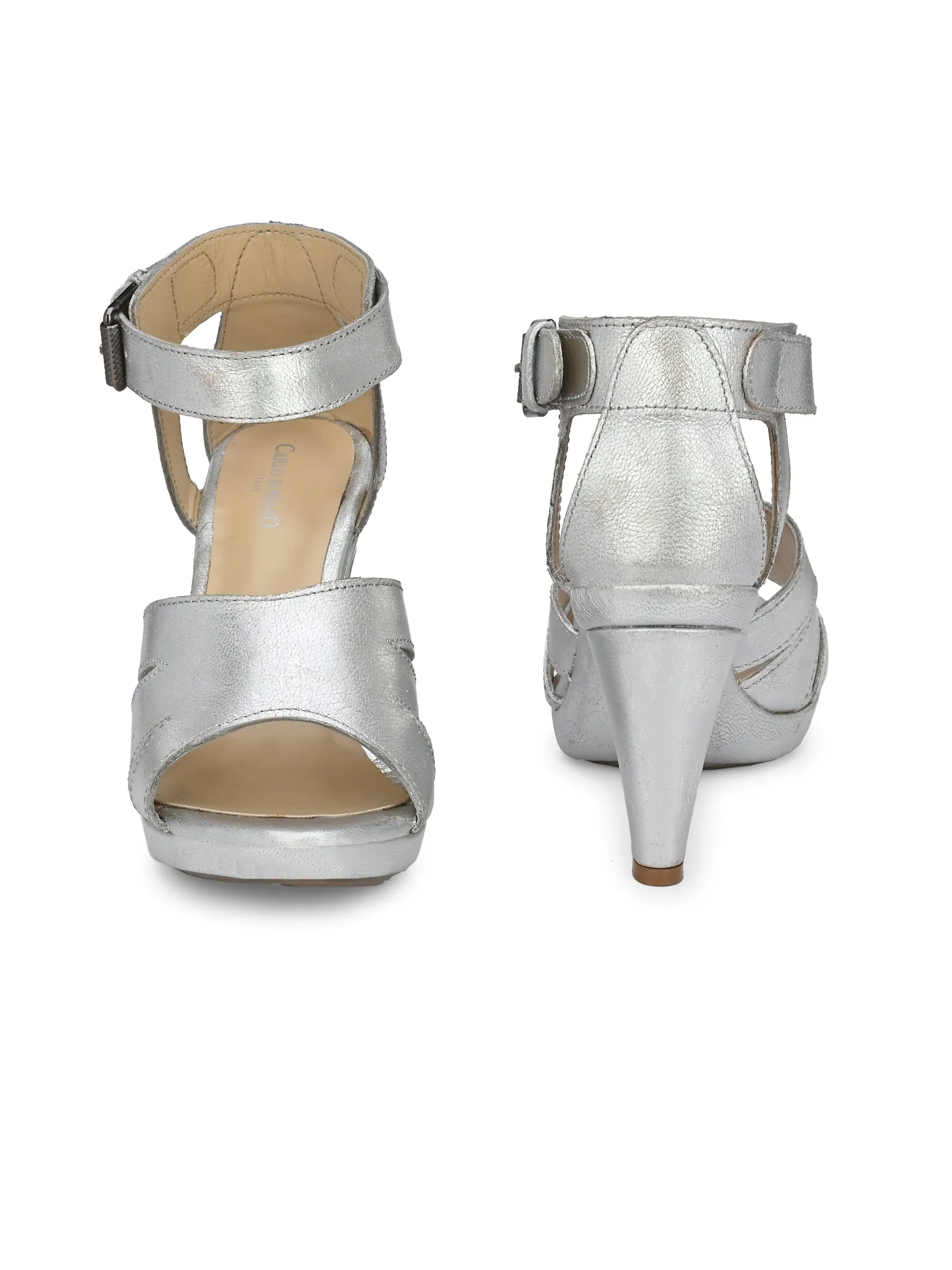 Women's Genuine Silver Metallic Leather Stylish High Heel Sandal / Premium Collection