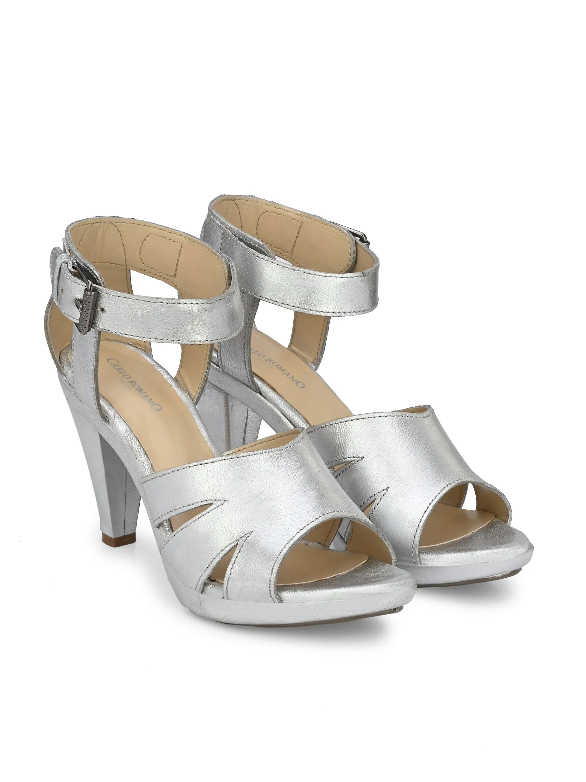 Women's Genuine Silver Metallic Leather Stylish High Heel Sandal / Premium Collection