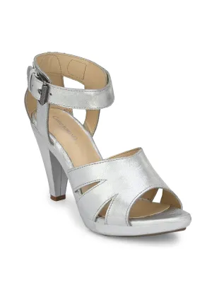 Women's Genuine Silver Metallic Leather Stylish High Heel Sandal / Premium Collection