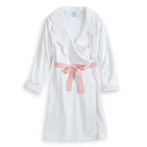 Women's Piped Pima Scalloped Robe with Terry Lining -- White w/ Pink trim