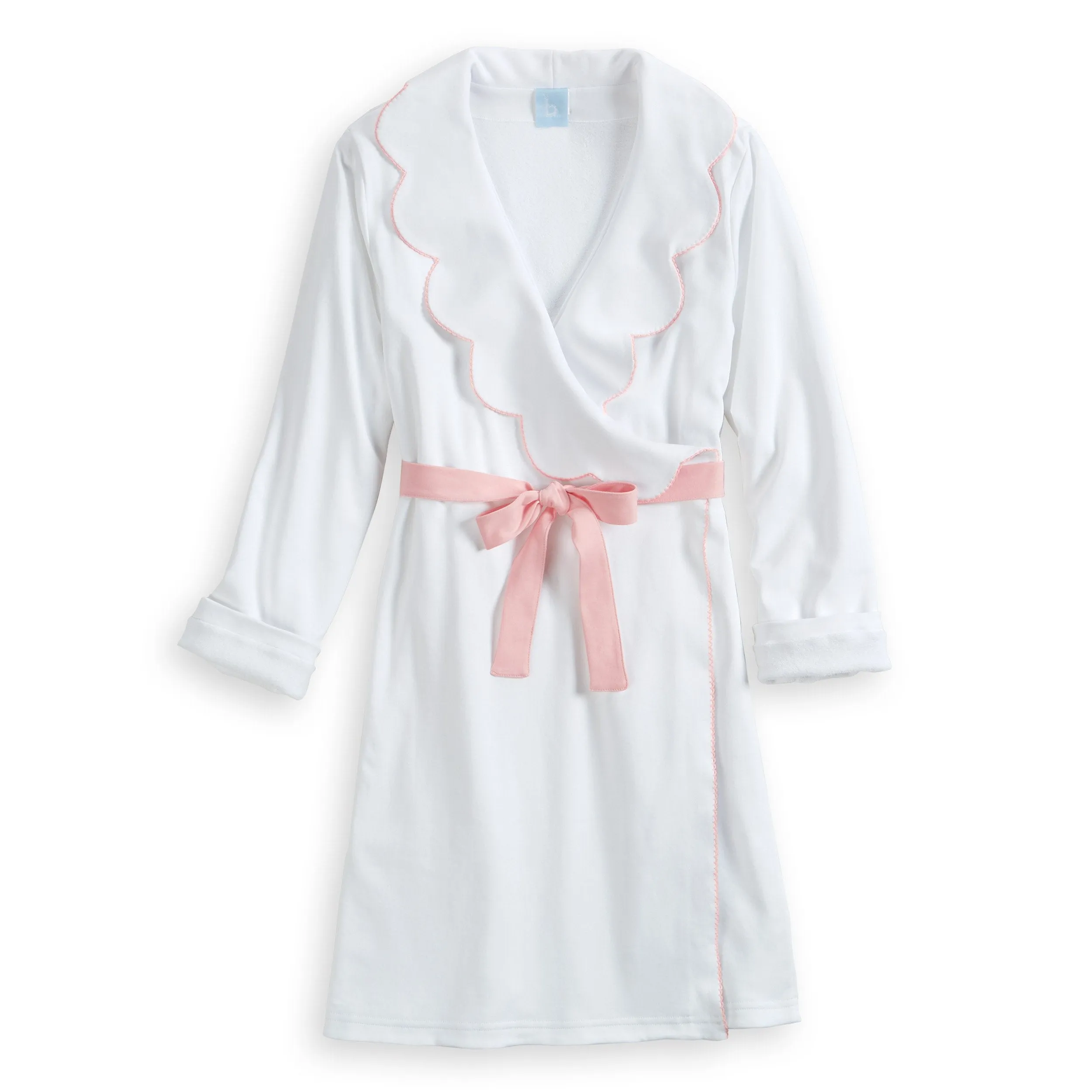 Women's Piped Pima Scalloped Robe with Terry Lining -- White w/ Pink trim