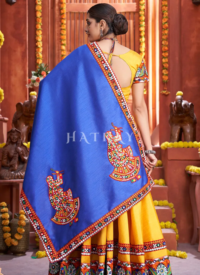 Yellow And Blue Kutchi Embroidered Rajwadi Chaniya Choli