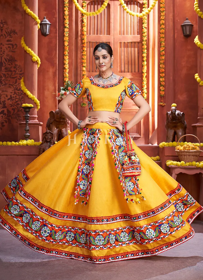 Yellow And Blue Kutchi Embroidered Rajwadi Chaniya Choli