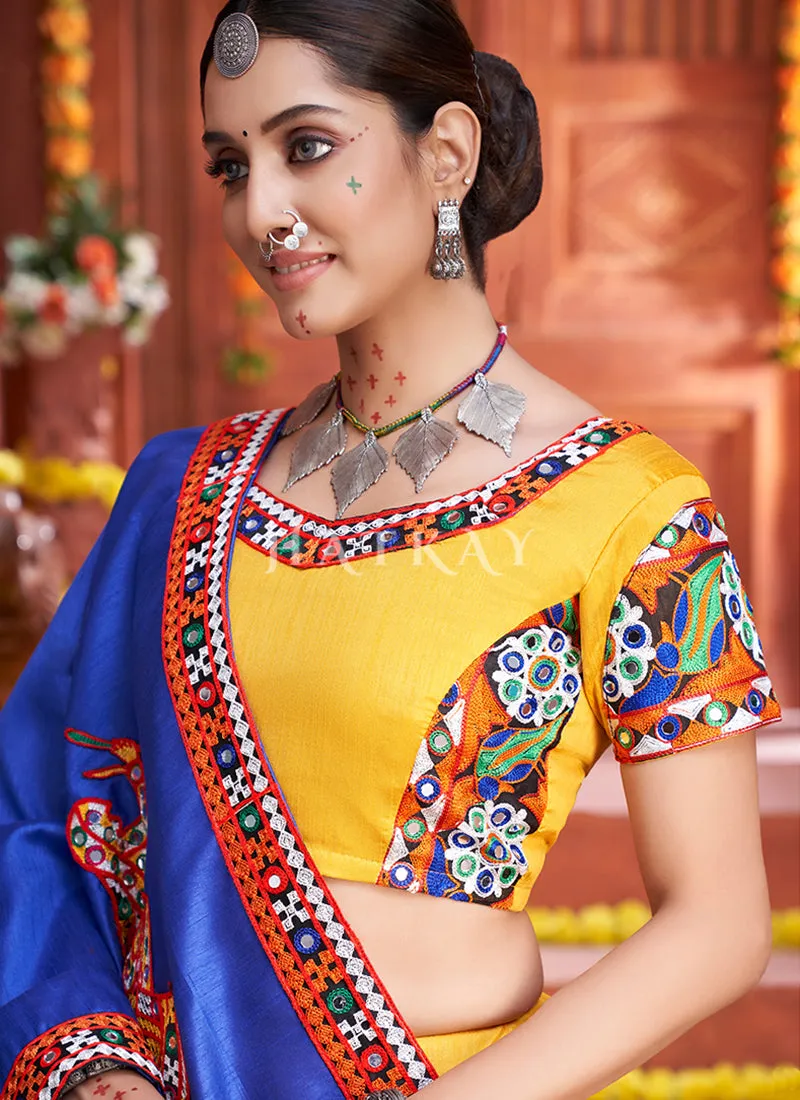Yellow And Blue Kutchi Embroidered Rajwadi Chaniya Choli