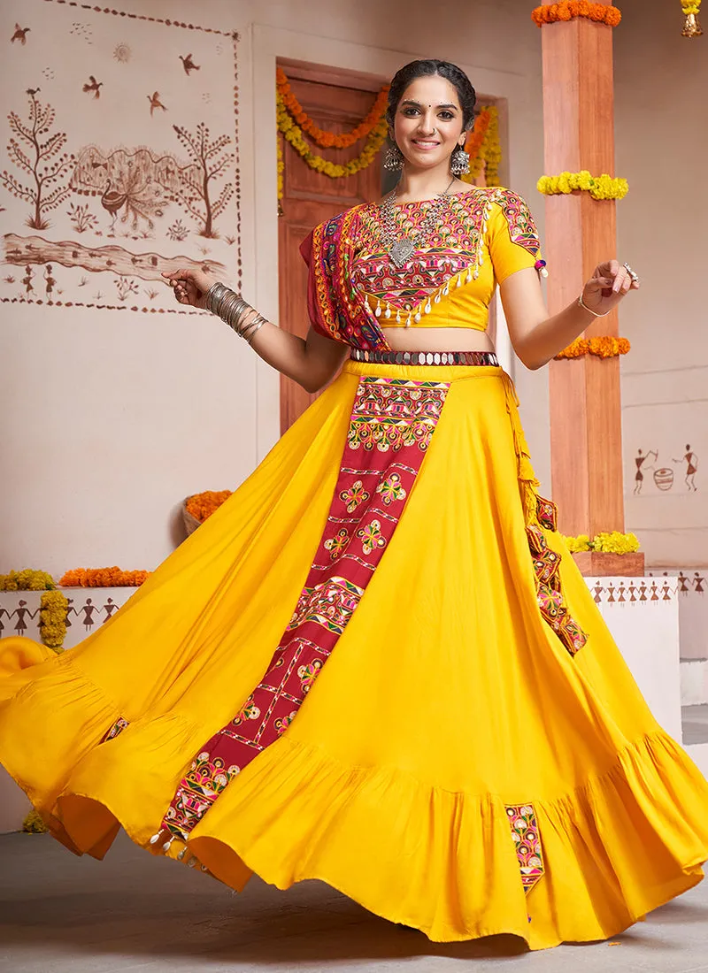 Yellow Kutchi Embroidered Rajwadi Chaniya Choli