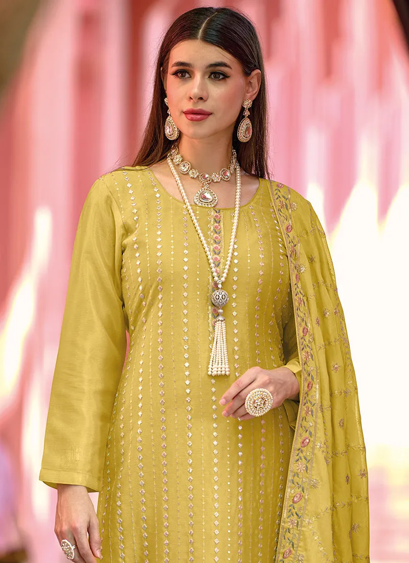 Yellow Multi Embroidery Pakistani Pant Style Suit
