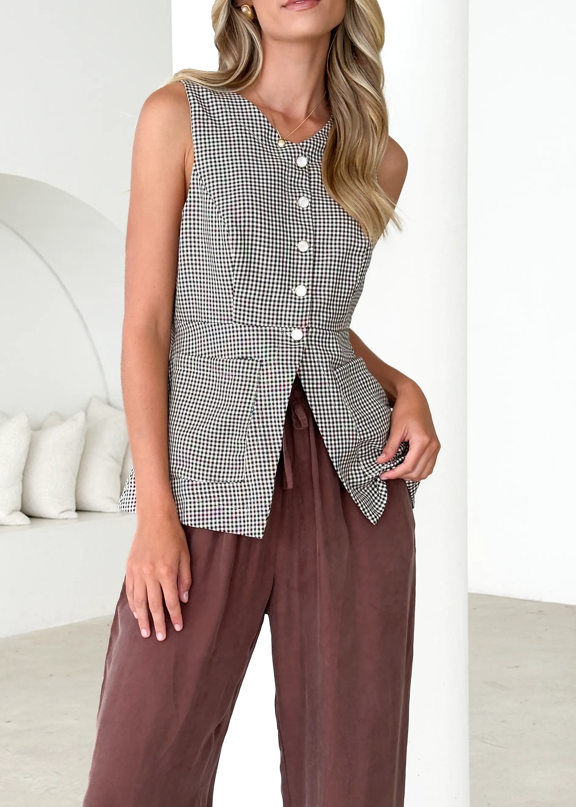 Zurich Vest Top - Brown Check