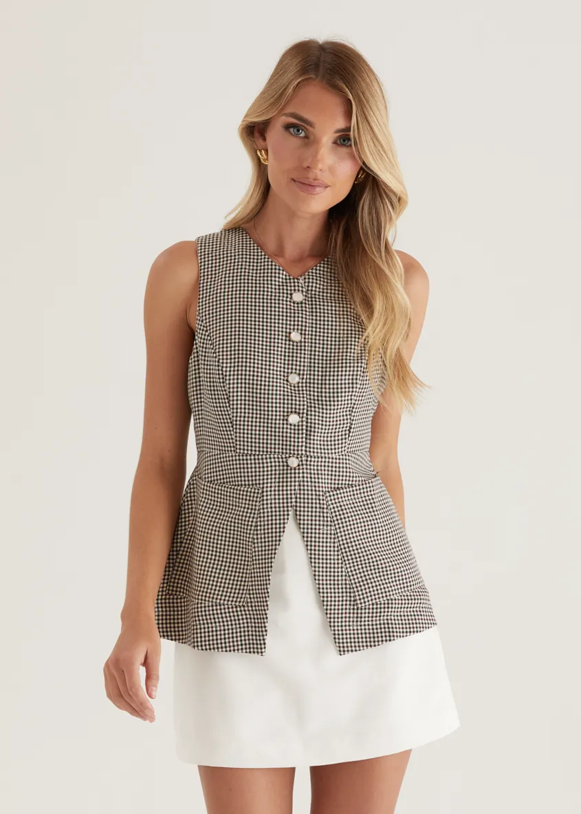 Zurich Vest Top - Brown Check